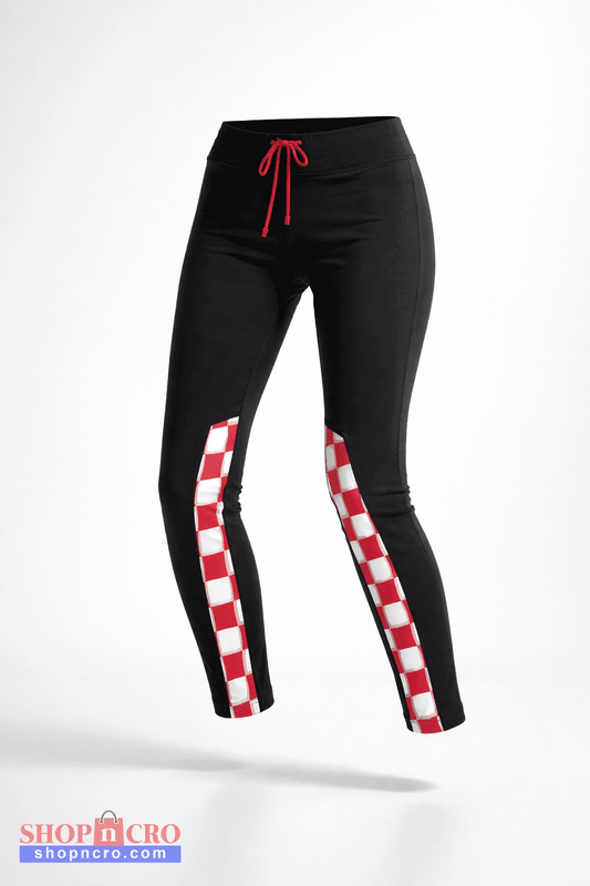 Pants / Leggings Croatia Black leggings with red and white checkered sides on a white background