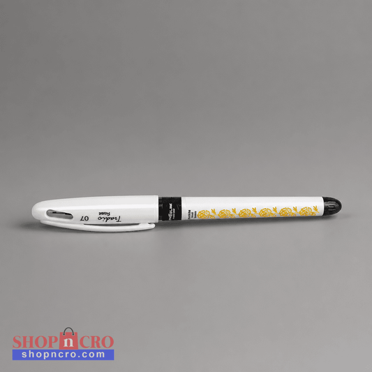 Pen - Ethno Croatia (Slavonian Gold Embroidery) White pen with black accents on a gray background