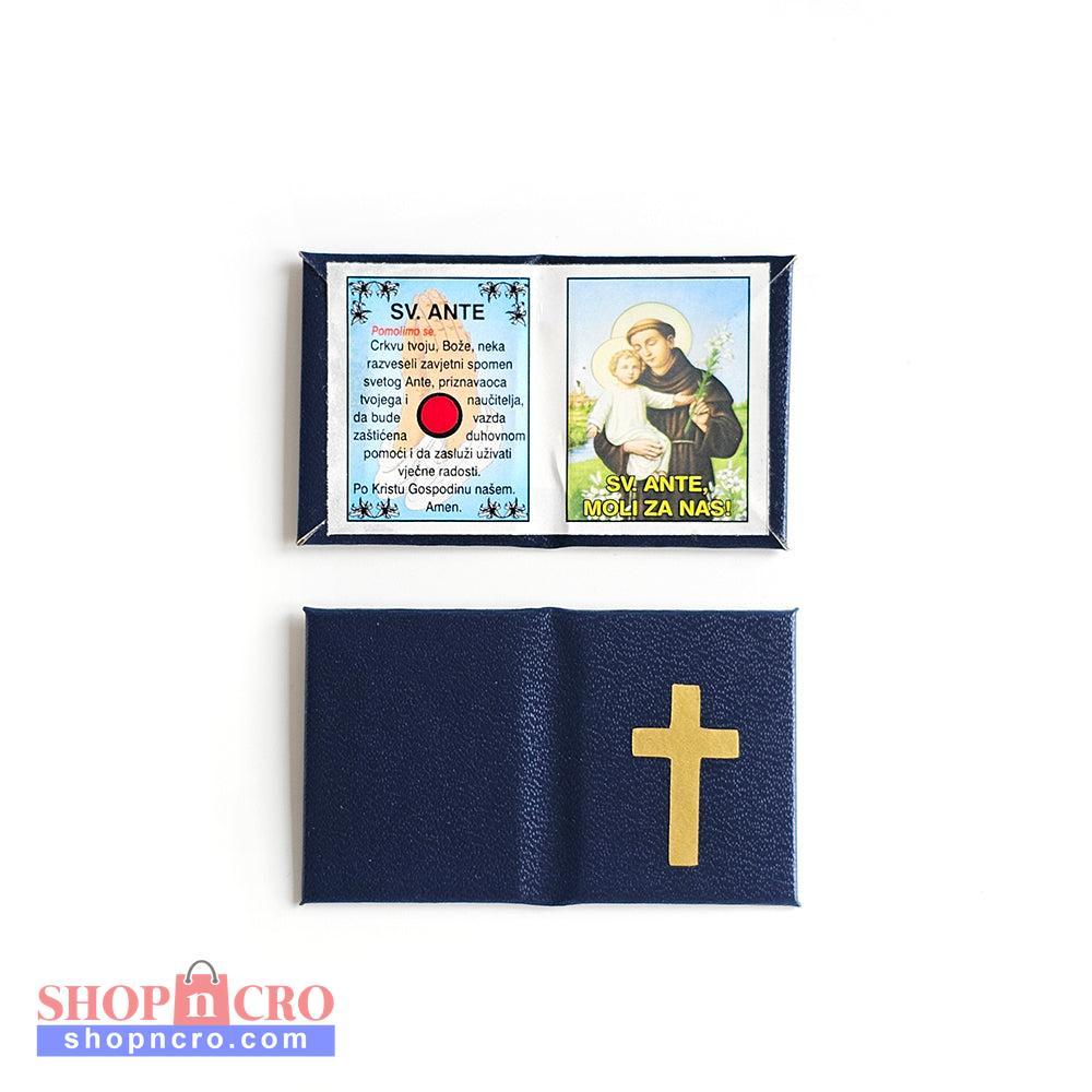 Pocket Prayer Wallet Size Two framed religious cards with a blue pouch featuring a gold cross on a white background