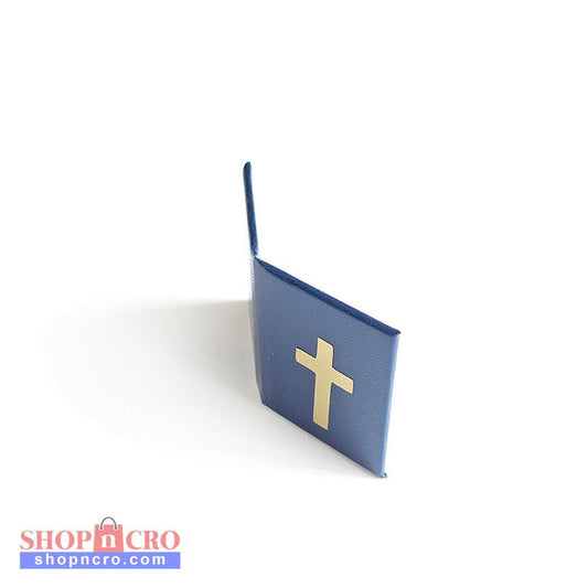 Pocket Prayer Wallet Size Blue card with a gold cross on a white background