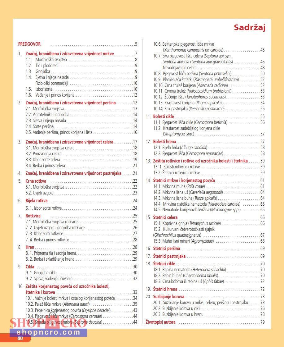Proizvodnja Korjenastog Povrća : Kako Do Vrhunskog Povrća Table of contents for a book or document on a yellow background