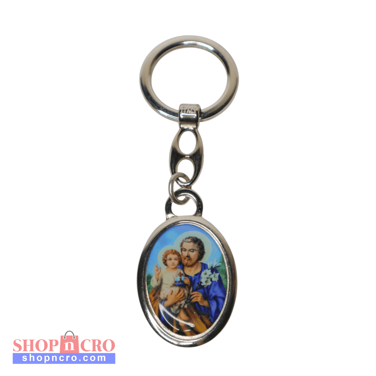 Religious Croatian Metal Keyring – Dual‑Sided Devotional Pendant Keychain with Saint Joseph and child Jesus illustration on a white background