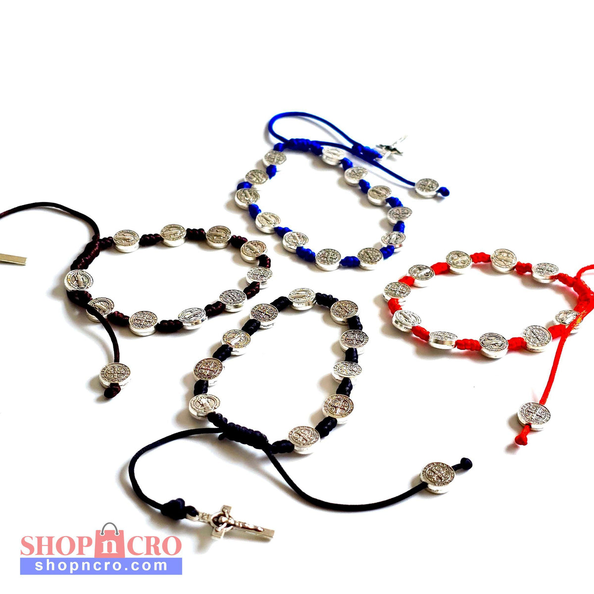 Saint Benedict Adjustable Bracelet with Cross (Black) Set of rosary beads in black, blue, and red on a white background