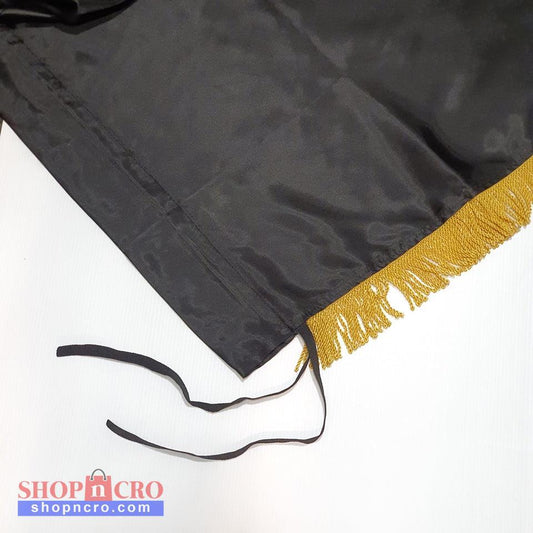 Silk Flag Plain Black with gold fringes 200cm x 100cm Black graduation gown with gold trim on a white background