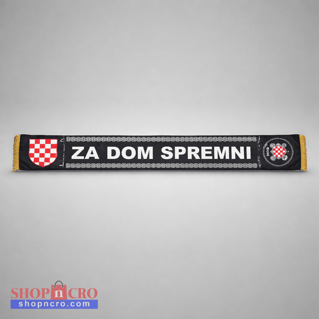 Silk Scarf HOS Za Dom Spremni Black scarf with text and logos on a gray background