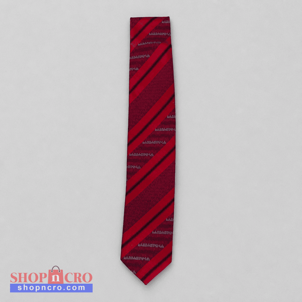 Silk Tie Croatia – Glagoljica by Croata (Kravata) Red and black striped tie with brand name on a light gray background snc shopncro
