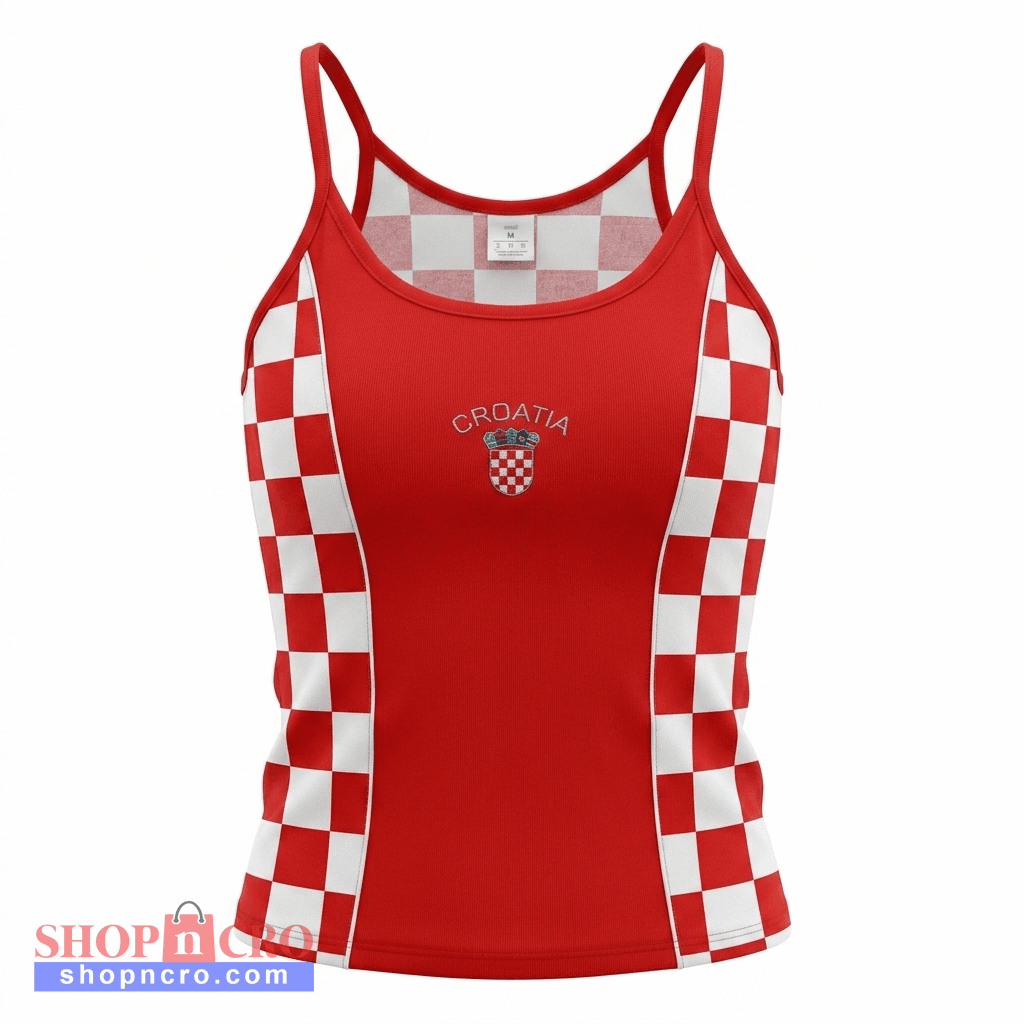 Singlet Top Croatia Red Red tank top with white checkered pattern and 'Croatia' text on a white background