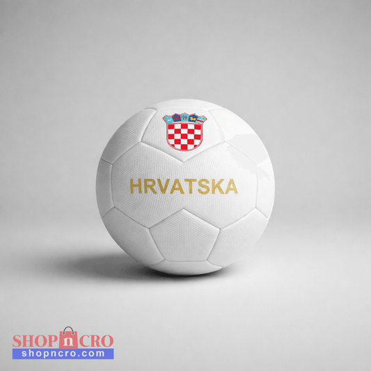 White soccer ball with Croatian emblem and 'HRVATSKA' text on a gray background