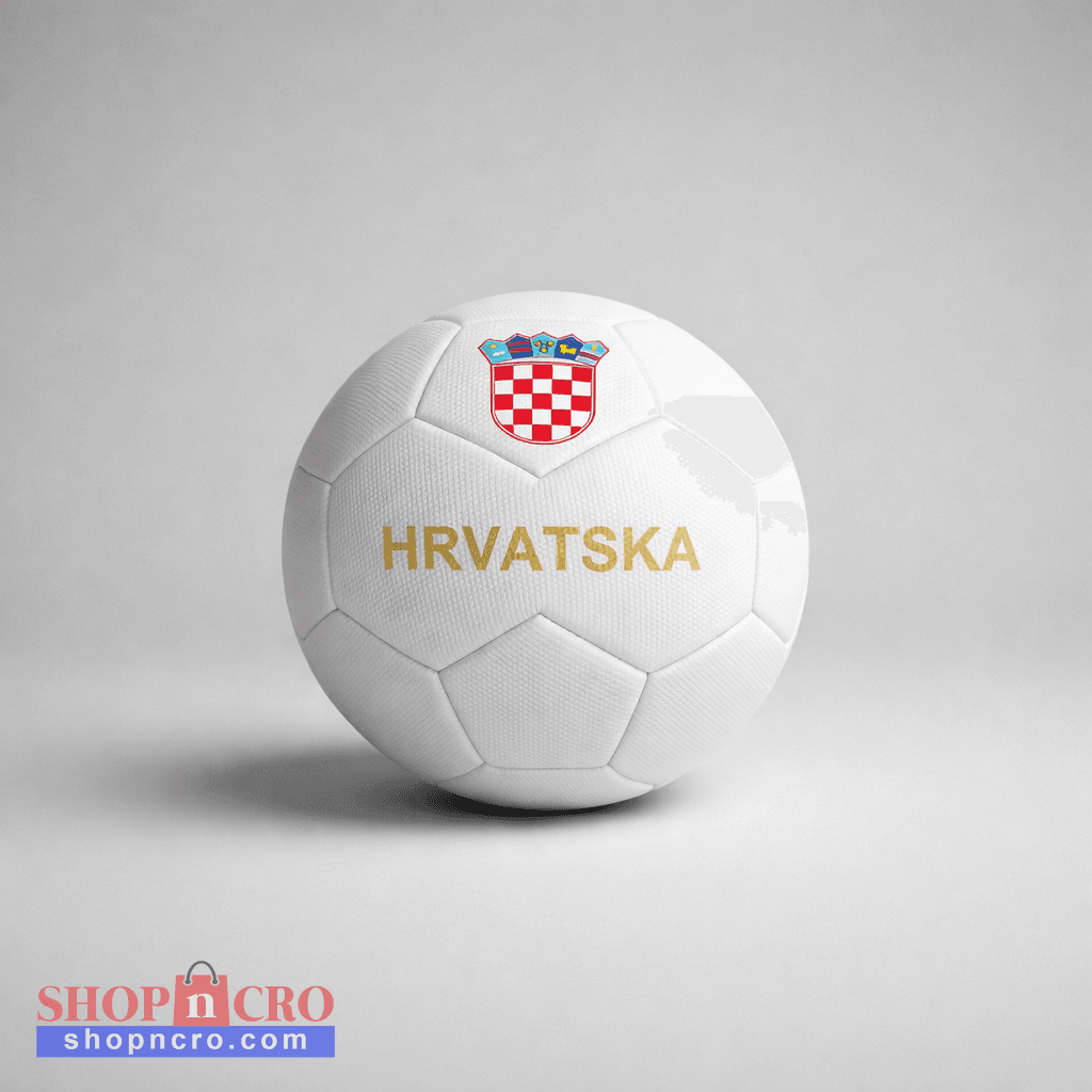 White soccer ball with Croatian emblem and 'HRVATSKA' text on a gray background