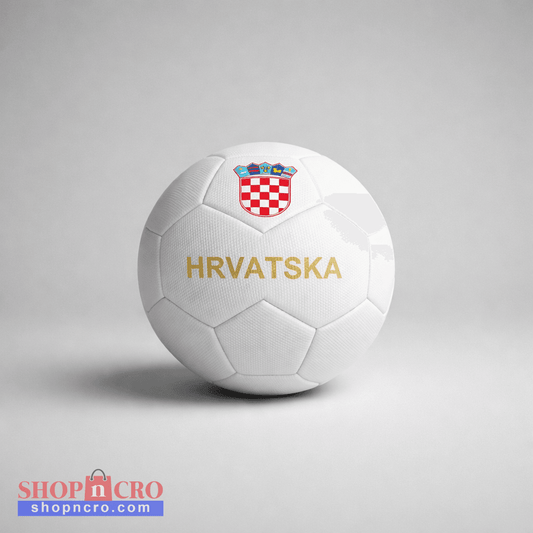 White soccer ball with Croatian emblem and 'HRVATSKA' text on a gray background