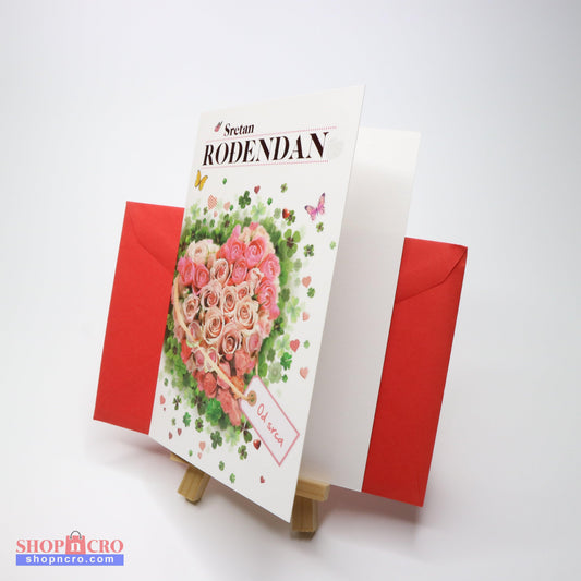 Sretan Rođendan Heart Glitter Birthday Card. Greeting card with floral design and red envelope on a white background