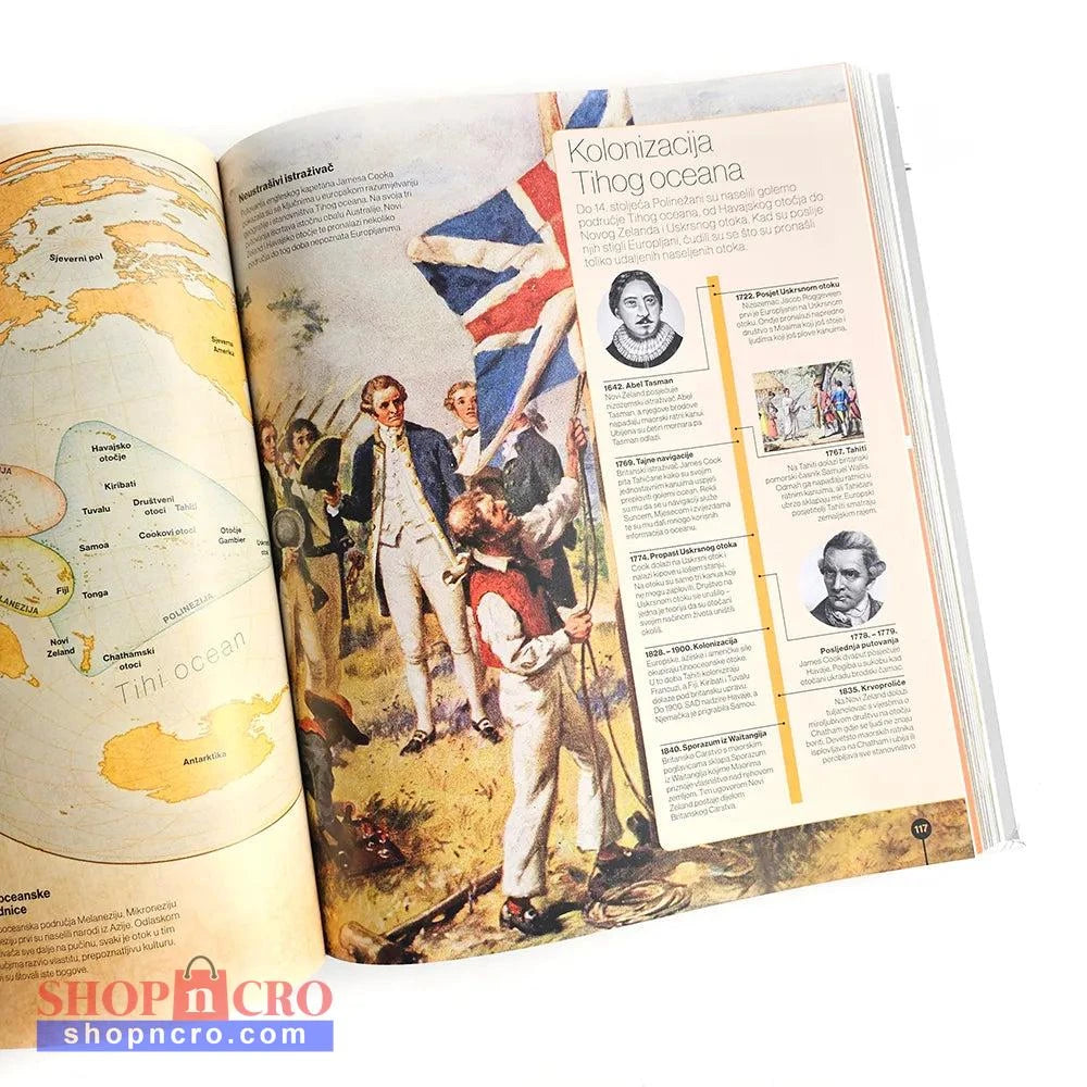 Svijet Na Crtama Vremena (World on the Lines of Time) Open book with historical illustrations and text on a white background