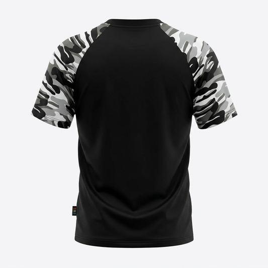 T-shirt Croatia Camo Prvo Bijelo Polje in black Black t-shirt with camouflage sleeves on a white background