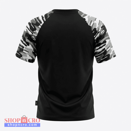 T-shirt Croatia Camo Prvo Bijelo Polje in black Black t-shirt with camouflage sleeves on a white background