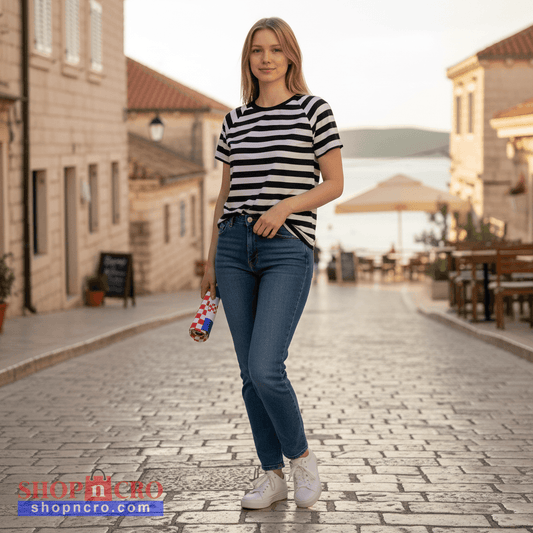 T-shirt Dalmatia Boat Neck Woman in a striped shirt and jeans standing on a cobblestone street.