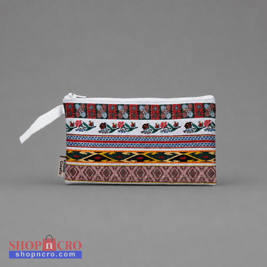 Toaletnu Torbica / Beauty Bag - Ethno Croatia Pouch with colorful patterns on a gray background