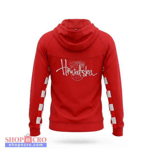 Tracksuit Croatia in Red Red hoodie with white text and designs on a white background
