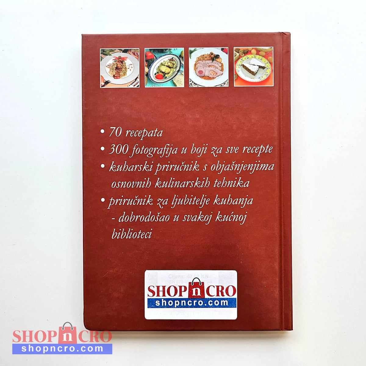Tradicionalna Hrvatska Jela Brown cookbook with text and food images on a white background, featuring the Shopncro brand.