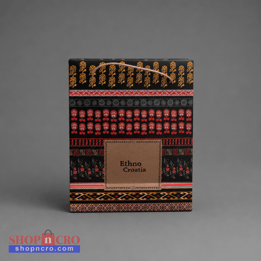 Traditional Gift Bag Ethno Croatia Decorative box with Ethno Croatia design on a gray background