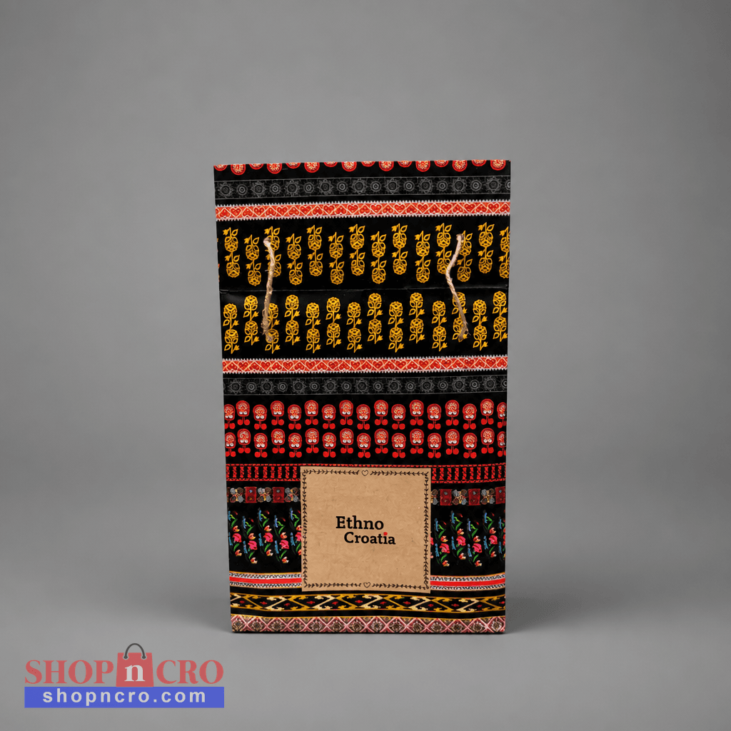 Traditional Gift Bag Ethno Croatia Decorative package with ethnic patterns and 'Ethno Croatia' text on a gray background