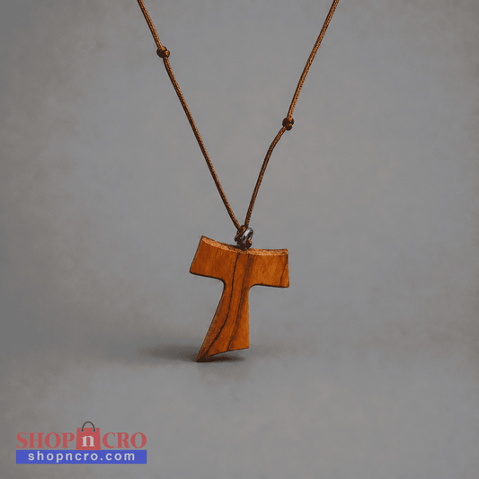 Traditional Međugorje Necklace (L) Wooden pendant on a string against a gray background shopncro