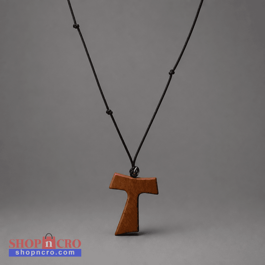 Traditional Međugorje Necklace (Large) Dark Cord Wooden pendant on a black cord against a gray background shopncro