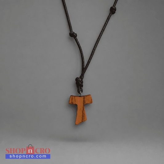 Traditional Međugorje Necklace (S) Wooden cross pendant on a brown cord against a gray background