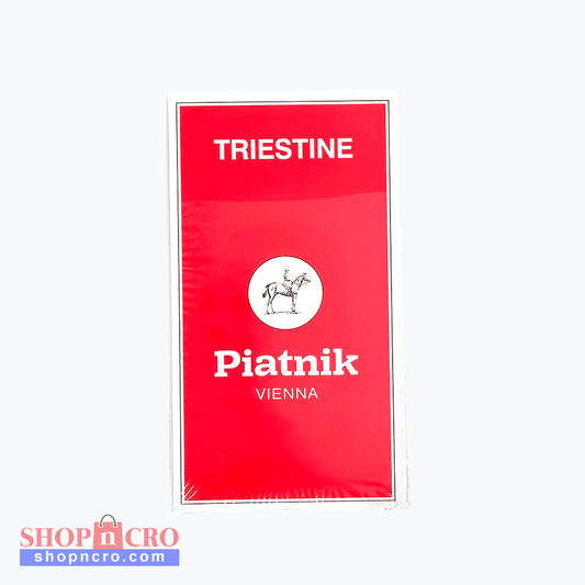 Triestine Piatnik Vienna Playing Cards Red card deck packaging with 'Triestine' and 'Piatnik Vienna' text on a white background