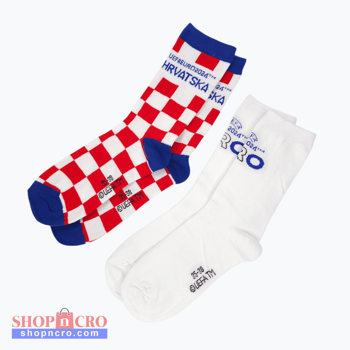 UEFA 2024 Team Croatia Socks Two socks, one with a red and white checkered pattern and the other white with blue text, on a white background.