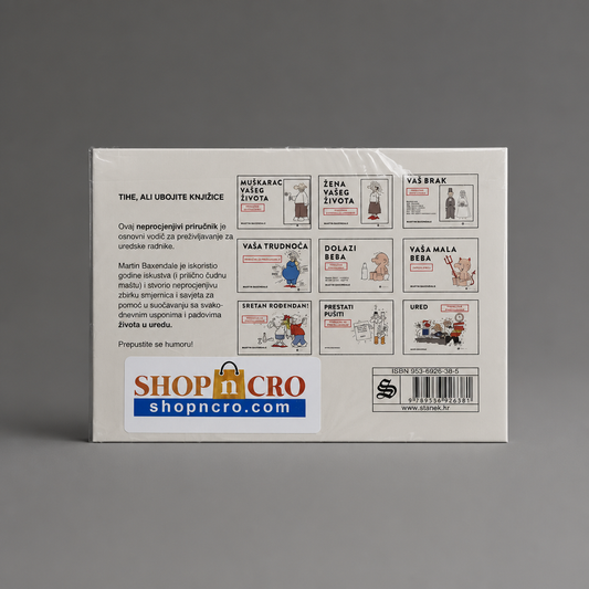 Ured – Priručnik za Preživljavanje (Croatian Humour Book) Product packaging with text and branding on a gray background