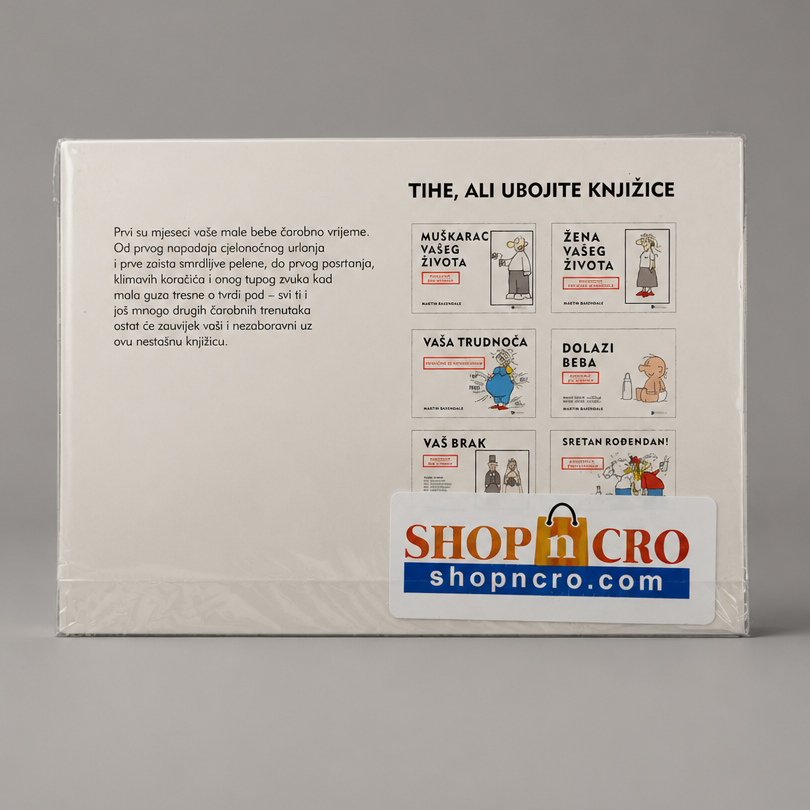 Vaša mala beba – Radosnica (Croatian Humour & Baby Memory Book) Book with illustrations and text on a gray background, featuring the ShopNCro brand.