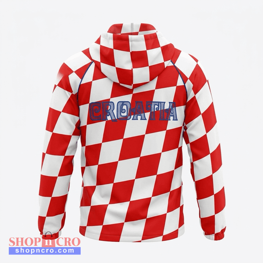 Waterproof Jacket Croatia Red and white checkered jacket with 'CROATIA' text on a light gray background