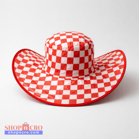 Western Hat Croatia Waterproof and Foldable Red and white checkered sun hat on a light gray background
