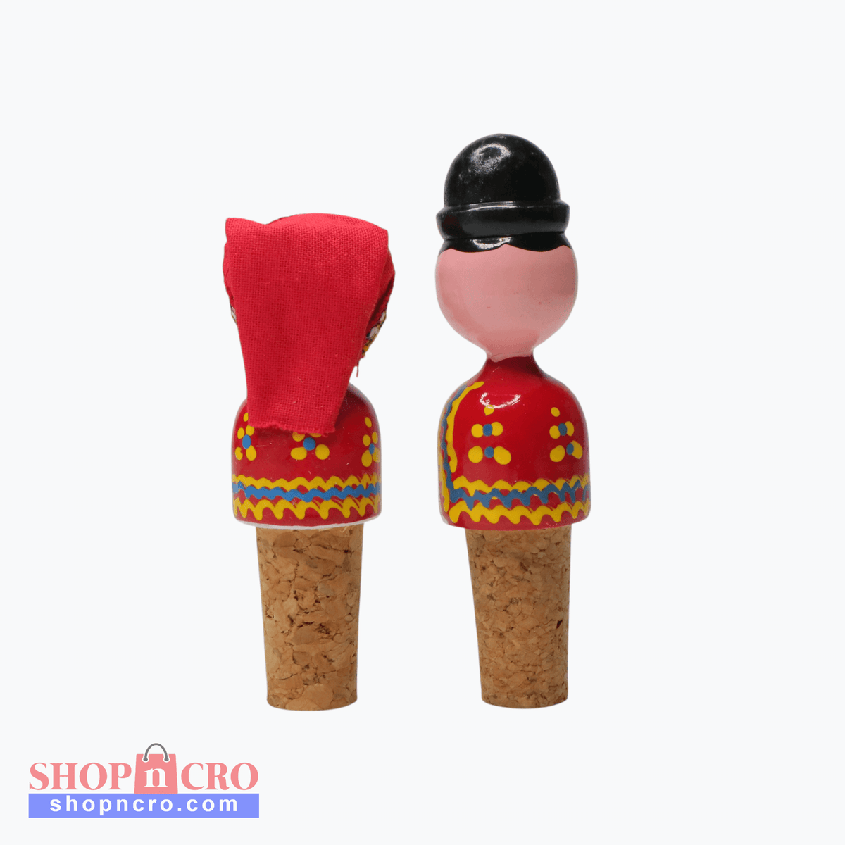 Wine Cork Boy & Girl Set Two cork stoppers with colorful designs and hats on a white background