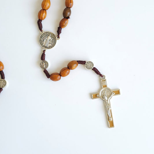 Wooden Saint Benedict Rosary with Gold Crucifix – Handcrafted Catholic Prayer Beads