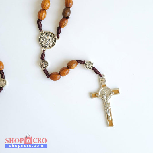 Wooden Saint Benedict Rosary with Silver Tone Gold Enamel Crucifix – Handcrafted Catholic Prayer Beads