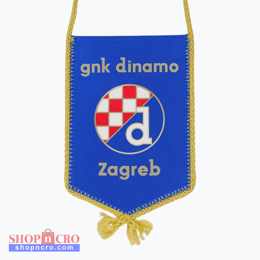 gnk dinamo Zagreb Car Flag. Blue banner with 'gnk dinamo Zagreb' text and logo on a white background