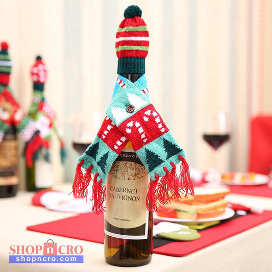 Christmas Bottle Cover – Knitted Scarf & Hat Set (Santa, Reindeer & Candy Cane)
