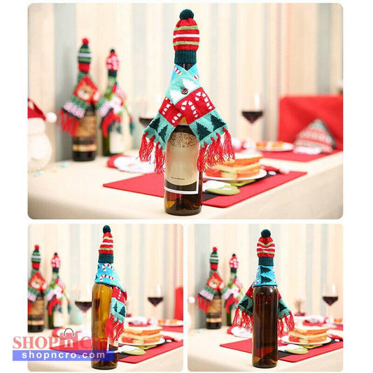 Christmas Bottle Cover – Knitted Scarf & Hat Set (Candy Cane)
