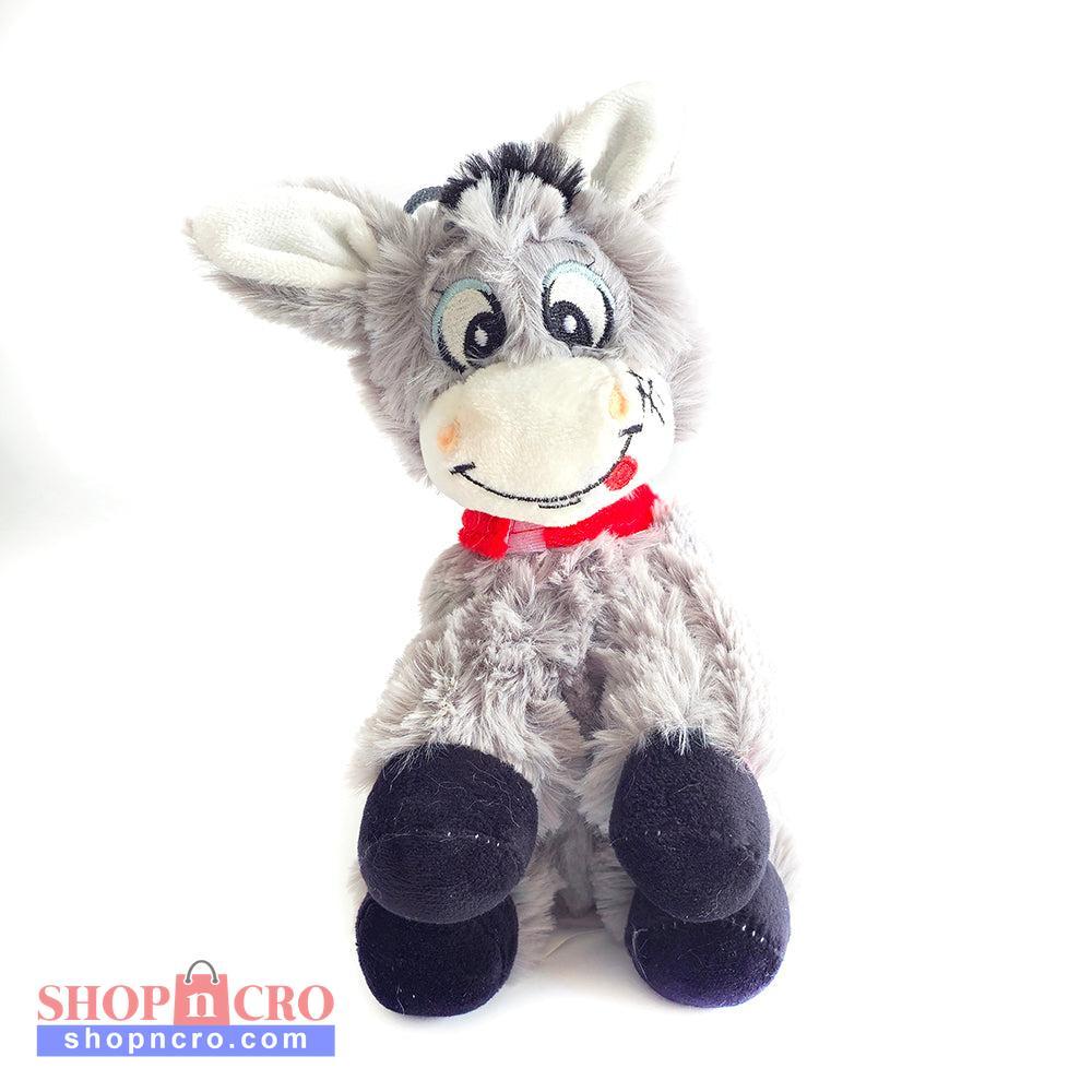 Croatian Plush Donkey - Magarac Plush donkey toy with a red bow on a white background