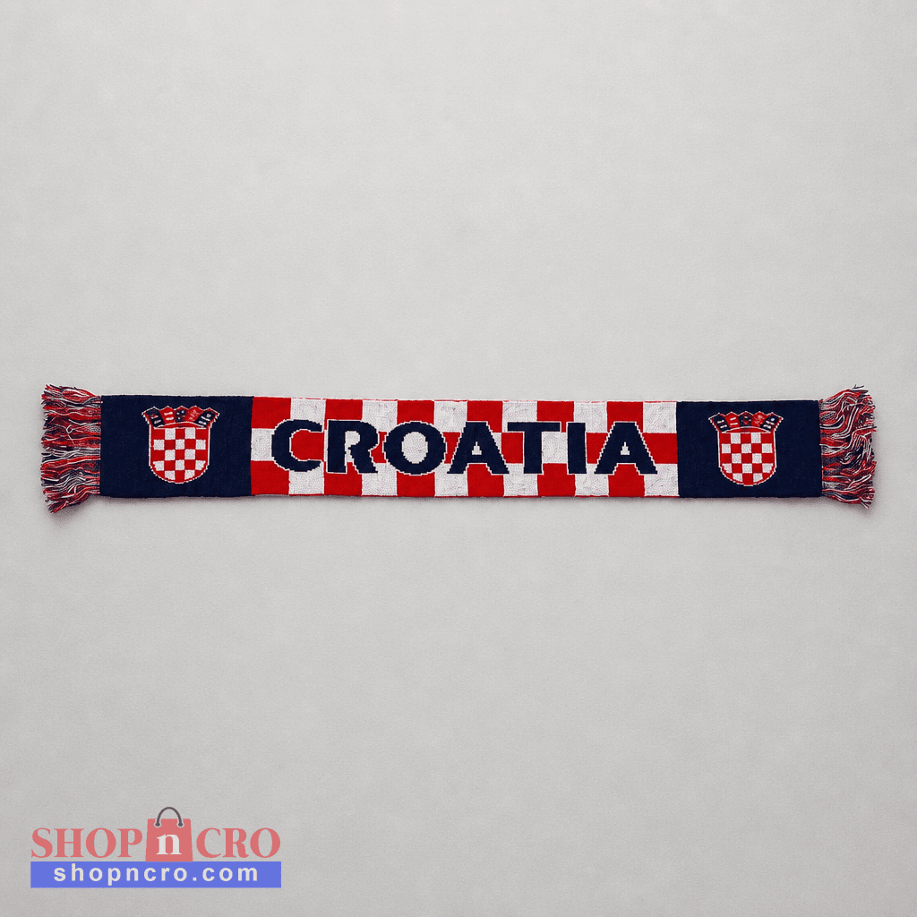 A horizontal knit scarf featuring the word 'CROATIA' in navy blue letters over a red and white checkered stripe pattern, flanked by navy blue sections with Croatian checkered emblems and fringed ends, displayed flat against a light gray background. Knitted Scarf Croatia / Hrvatska