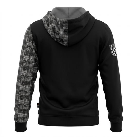 Hoodie / Jacket Hrvatska in black (limited edition) Black hoodie with plaid sleeves and checkered patch on sleeve, back view shopncro