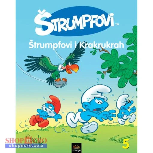 Štrumpfovi – Štrumpfovi i Krakrukrah Book cover of 'Strumpfovi' with cartoon characters and a parrot on a blue background