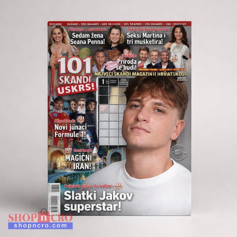 101 Skandi Crossword Magazine on Sale! Croatian Magazine cover with a person on the front, featuring text and images of other people.
