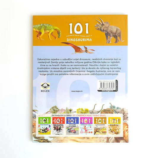 101 Činjenica Koju Treba da Znaš o Dinosaurima Book cover with dinosaur illustrations and text on a white background