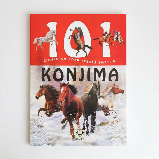 101 Činjenica Koju Treba da Znaš o Konjima Book cover with horses and a red top section on a white background