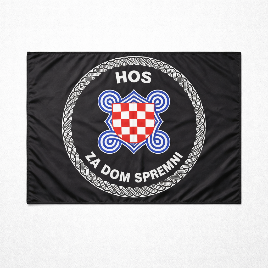 2 HOS Flag with Fringes 145 by 75 Flag with a central emblem and text on a black background