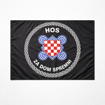 2 HOS Flag with Fringes 145 by 75 Flag with a central emblem and text on a black background