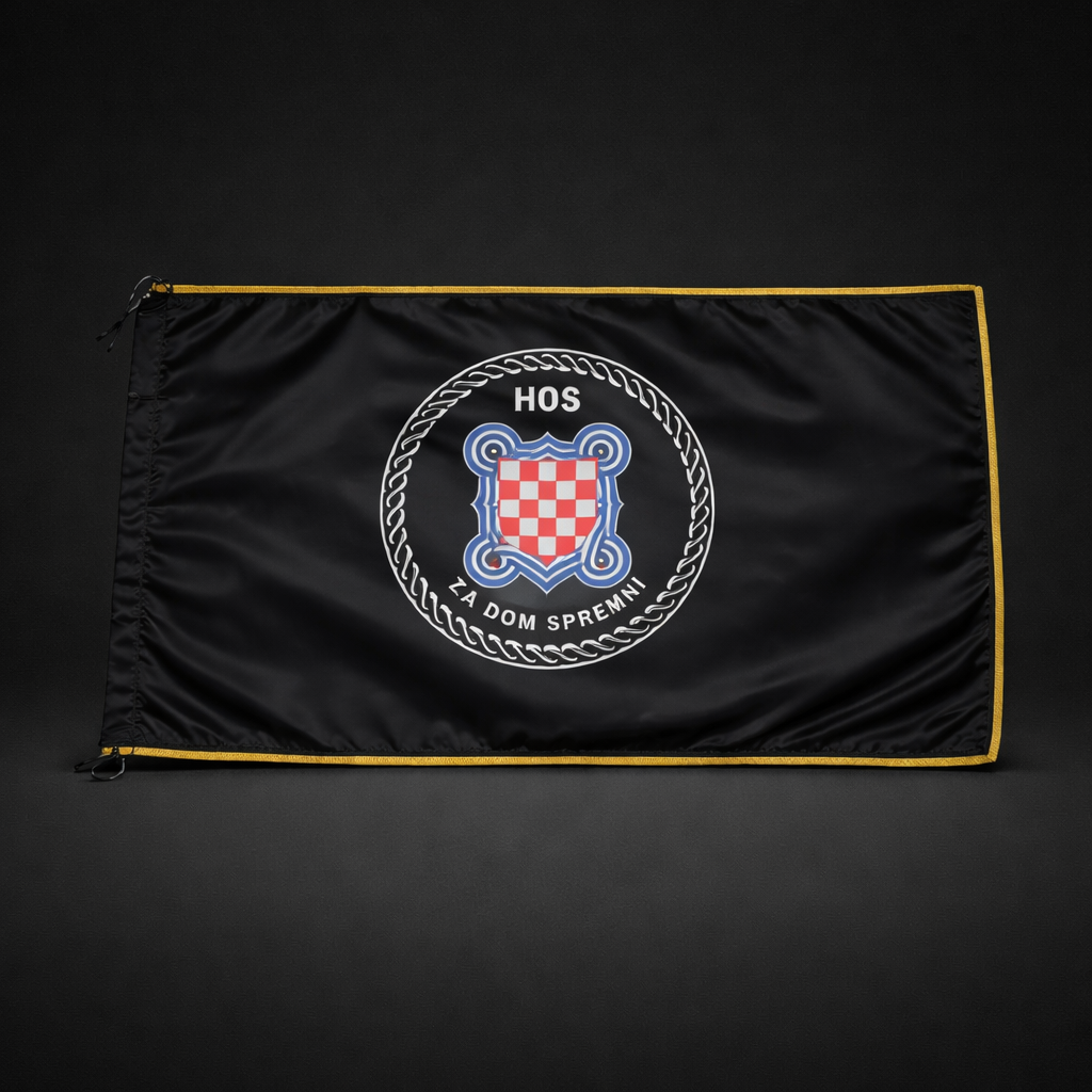 2 HOS Flag with Fringes 145 by 75 Black flag with a central emblem featuring a checkered design and text on a dark background