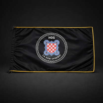 2 HOS Flag with Fringes 145 by 75 Black flag with a central emblem featuring a checkered design and text on a dark background